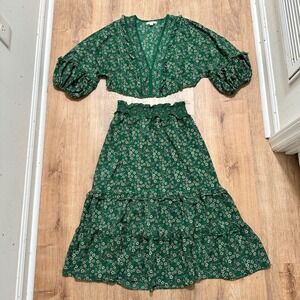 MAX STUDIO | Green Floral Print Ruffle Crop Top & Midi Skirt Two Pierce Set,  M
